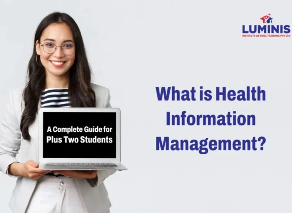 Student holding a laptop displaying educational content about Health Information Management, promoting the Best BVoc Health Information Management courses in Kerala by Luminis Institute.