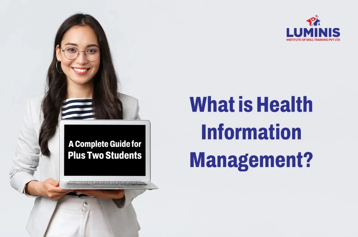 Student holding a laptop displaying educational content about Health Information Management, promoting the Best BVoc Health Information Management courses in Kerala by Luminis Institute.