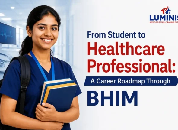 Work and Study Opportunities After Plus Two – Student beginning a healthcare career through BHIM at Luminis Institute of Skill Training in Kerala.