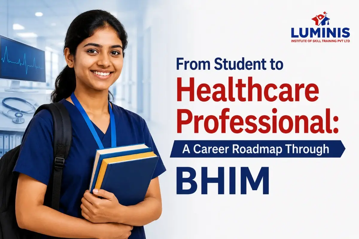Work and Study Opportunities After Plus Two – Student beginning a healthcare career through BHIM at Luminis Institute of Skill Training in Kerala.