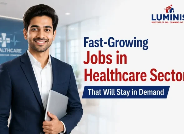 Fast-Growing Jobs in Healthcare Sector – Young professional highlighting healthcare career opportunities at Luminis Institute of Skill Training.
