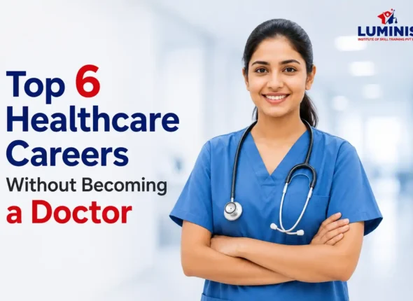 Top 6 healthcare careers without becoming a doctor, featuring a healthcare professional in scrubs.