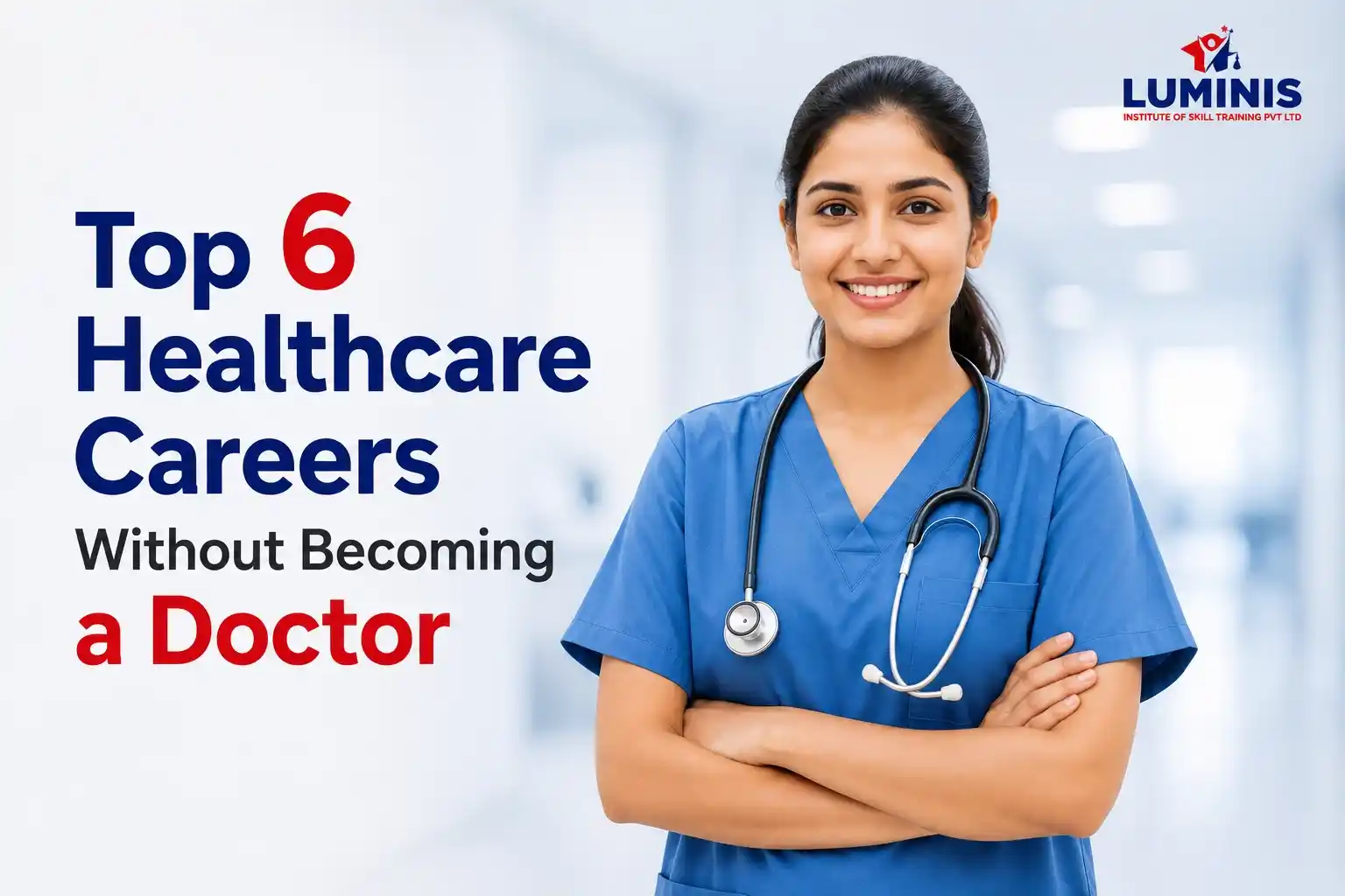 Top 6 healthcare careers without becoming a doctor, featuring a healthcare professional in scrubs.