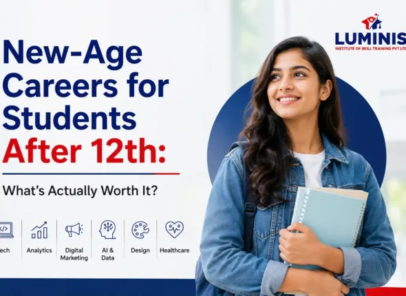 New-age career options for students after 12th, featuring technology, analytics, digital marketing, AI, design, and healthcare.